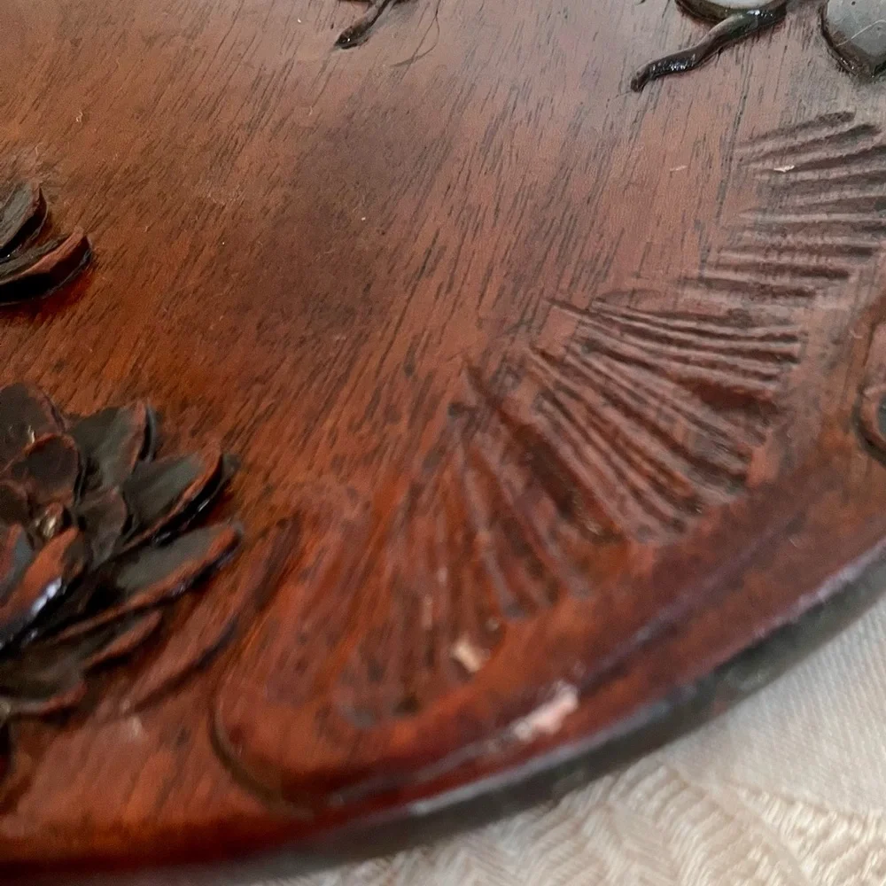 Antique Japanese Kamakura Bori Hand Carved Wood Mirror - Meiji Lotus Lacquerware